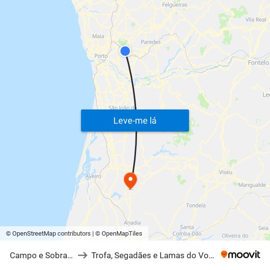 Campo e Sobrado to Trofa, Segadães e Lamas do Vouga map