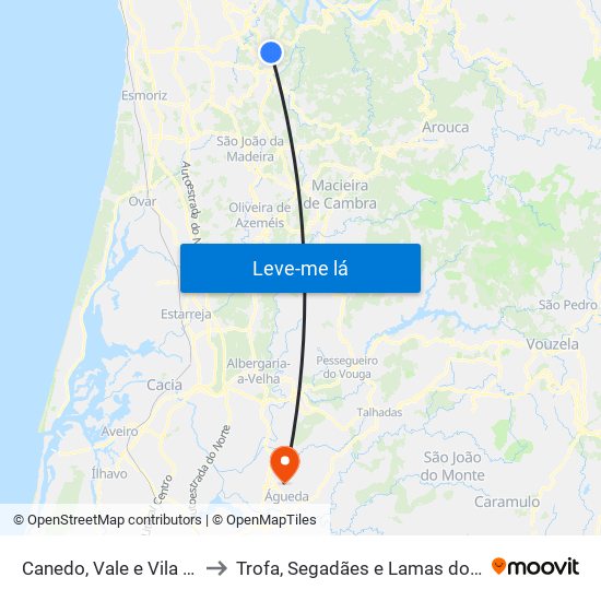 Canedo, Vale e Vila Maior to Trofa, Segadães e Lamas do Vouga map