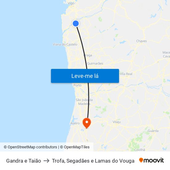 Gandra e Taião to Trofa, Segadães e Lamas do Vouga map