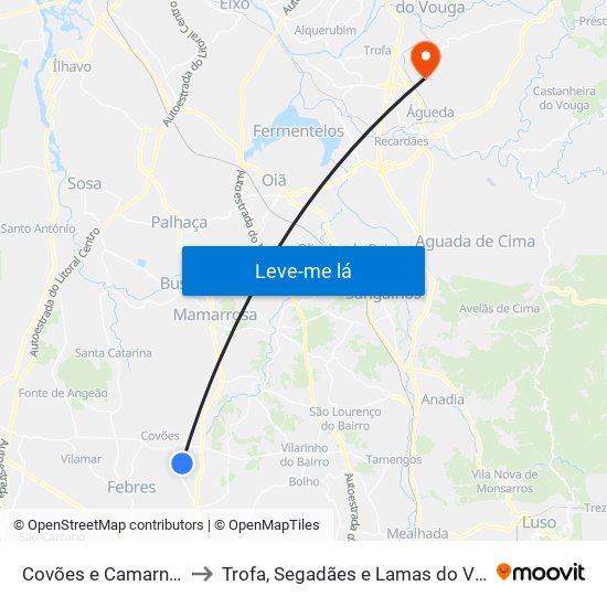 Covões e Camarneira to Trofa, Segadães e Lamas do Vouga map