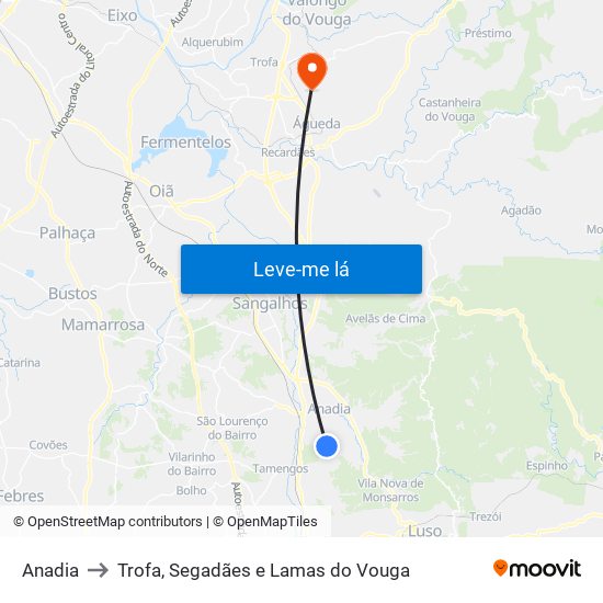 Anadia to Trofa, Segadães e Lamas do Vouga map