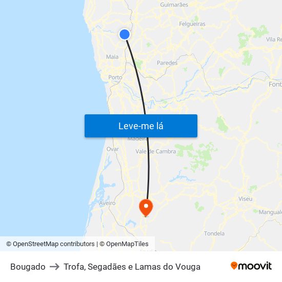 Bougado to Trofa, Segadães e Lamas do Vouga map