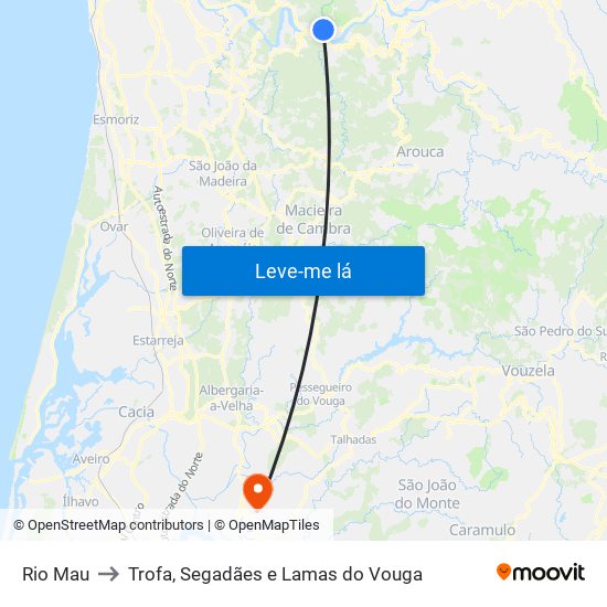 Rio Mau to Trofa, Segadães e Lamas do Vouga map