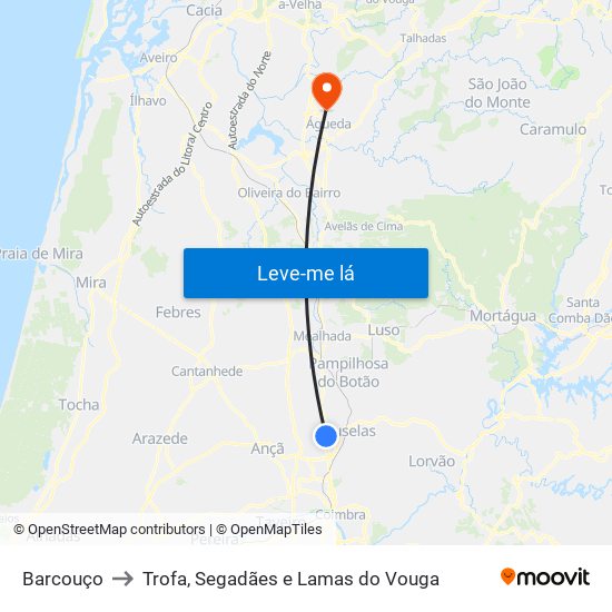 Barcouço to Trofa, Segadães e Lamas do Vouga map