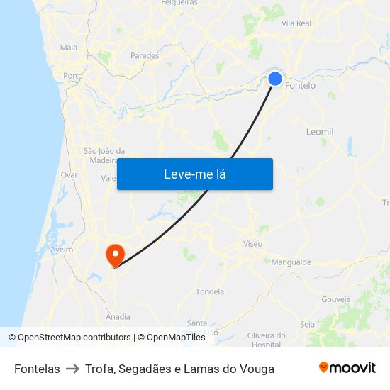 Fontelas to Trofa, Segadães e Lamas do Vouga map