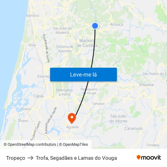 Tropeço to Trofa, Segadães e Lamas do Vouga map