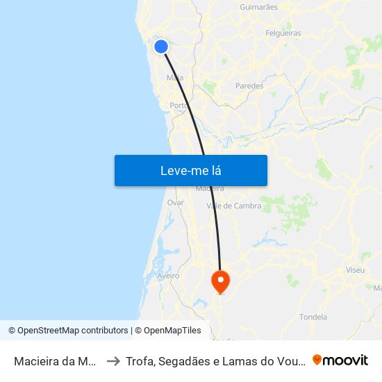 Macieira da Maia to Trofa, Segadães e Lamas do Vouga map