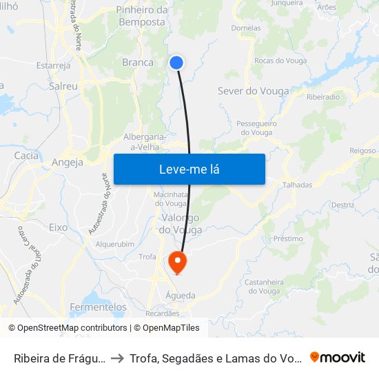 Ribeira de Fráguas to Trofa, Segadães e Lamas do Vouga map