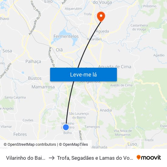 Vilarinho do Bairro to Trofa, Segadães e Lamas do Vouga map