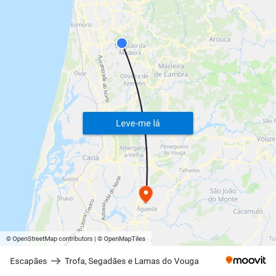 Escapães to Trofa, Segadães e Lamas do Vouga map