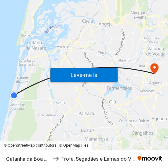 Gafanha da Boa Hora to Trofa, Segadães e Lamas do Vouga map