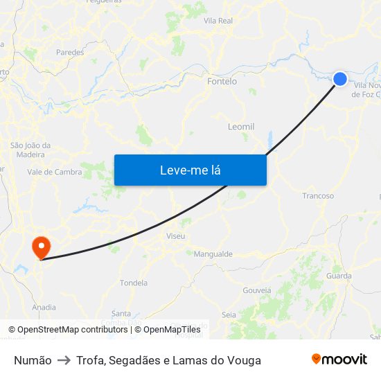 Numão to Trofa, Segadães e Lamas do Vouga map