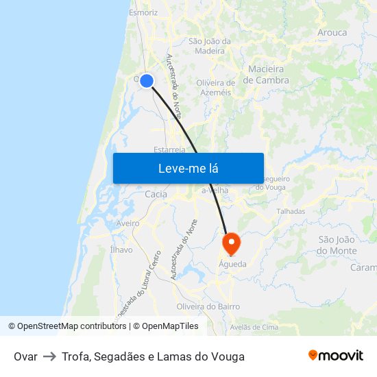 Ovar to Trofa, Segadães e Lamas do Vouga map