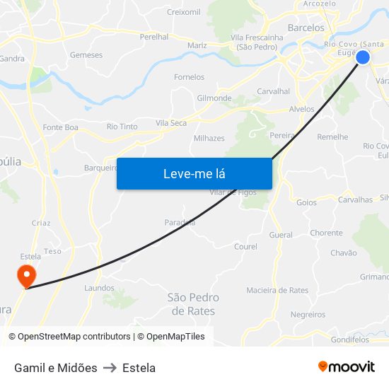 Gamil e Midões to Estela map