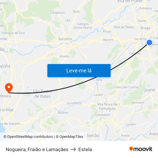 Nogueira, Fraião e Lamaçães to Estela map