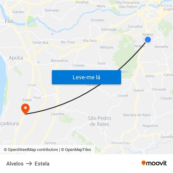 Alvelos to Estela map