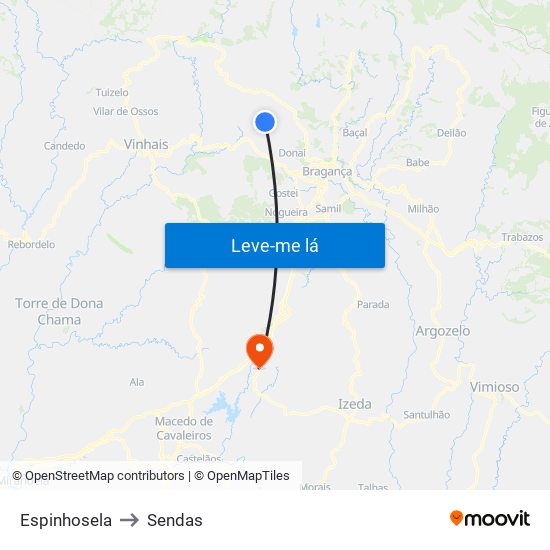 Espinhosela to Sendas map