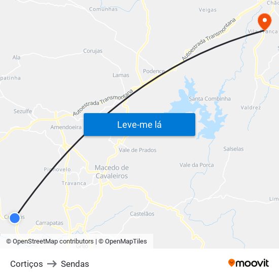 Cortiços to Sendas map