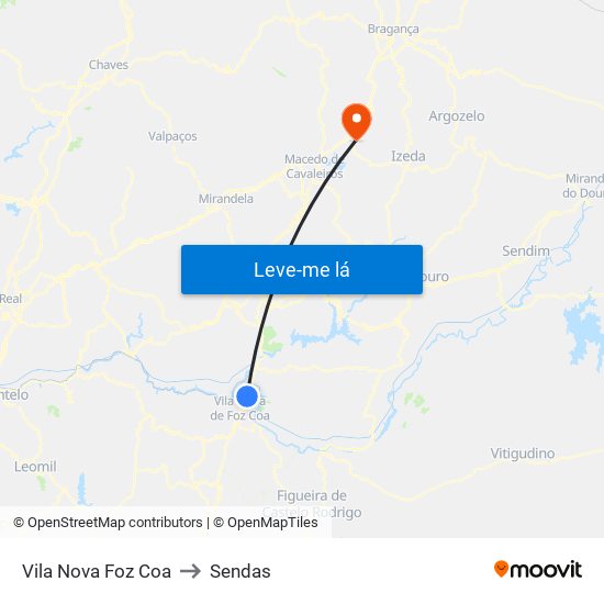 Vila Nova Foz Coa to Sendas map