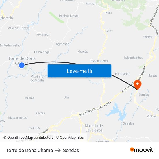 Torre de Dona Chama to Sendas map