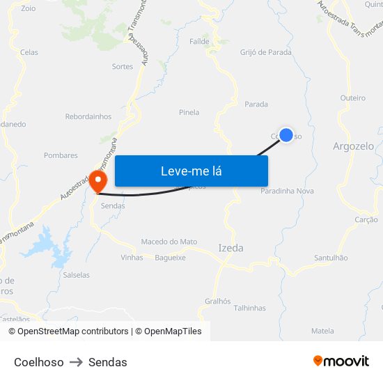 Coelhoso to Sendas map