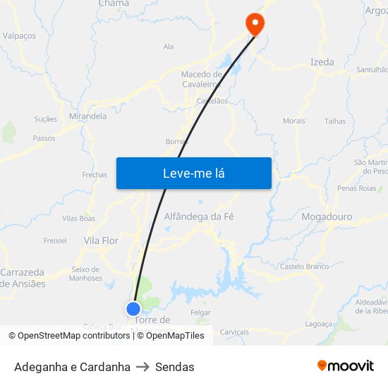 Adeganha e Cardanha to Sendas map