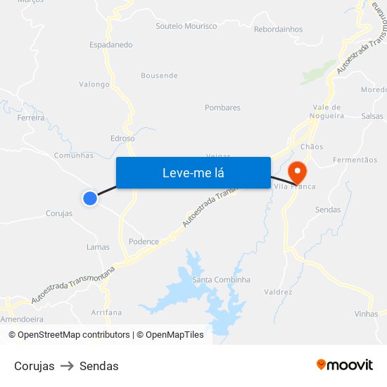 Corujas to Sendas map