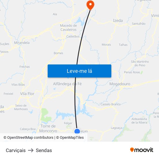 Carviçais to Sendas map