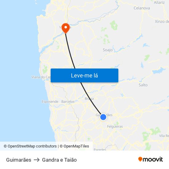 Guimarães to Gandra e Taião map