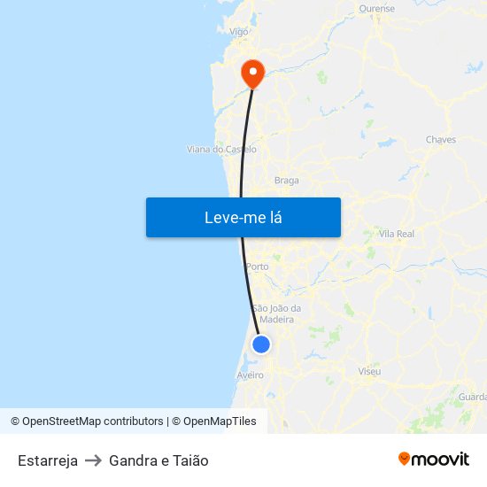 Estarreja to Gandra e Taião map