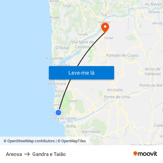 Areosa to Gandra e Taião map