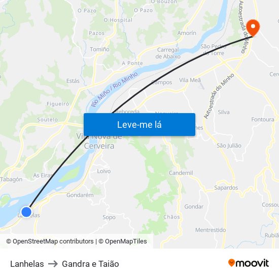 Lanhelas to Gandra e Taião map