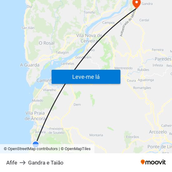 Afife to Gandra e Taião map