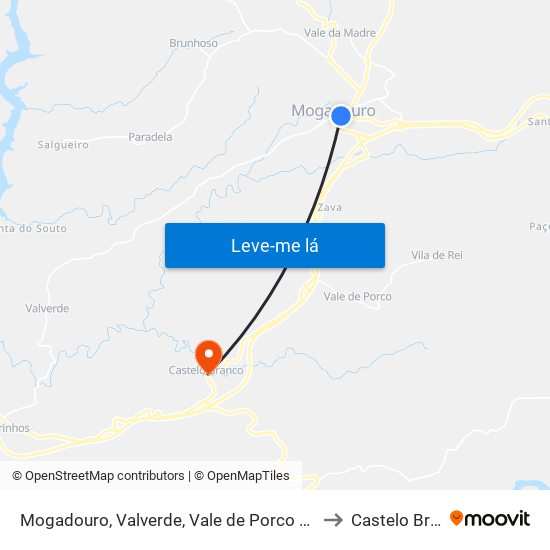 Mogadouro, Valverde, Vale de Porco e Vilar de Rei to Castelo Branco map