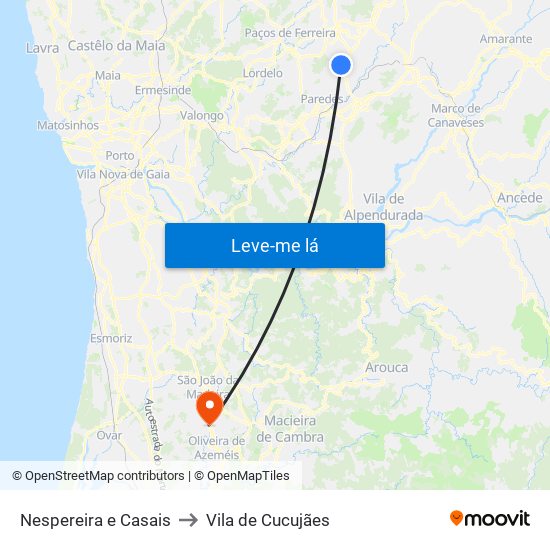 Nespereira e Casais to Vila de Cucujães map