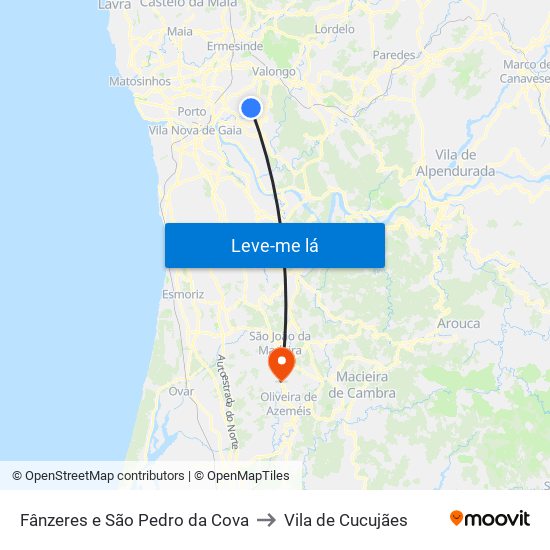 Fânzeres e São Pedro da Cova to Vila de Cucujães map