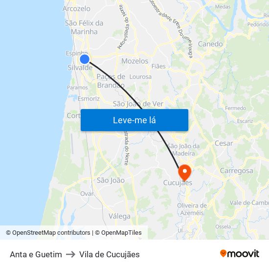 Anta e Guetim to Vila de Cucujães map