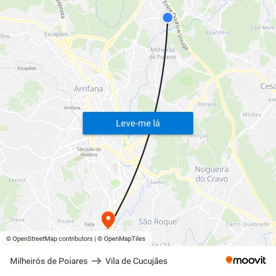 Milheirós de Poiares to Vila de Cucujães map