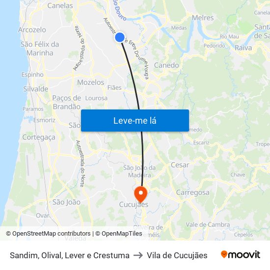Sandim, Olival, Lever e Crestuma to Vila de Cucujães map