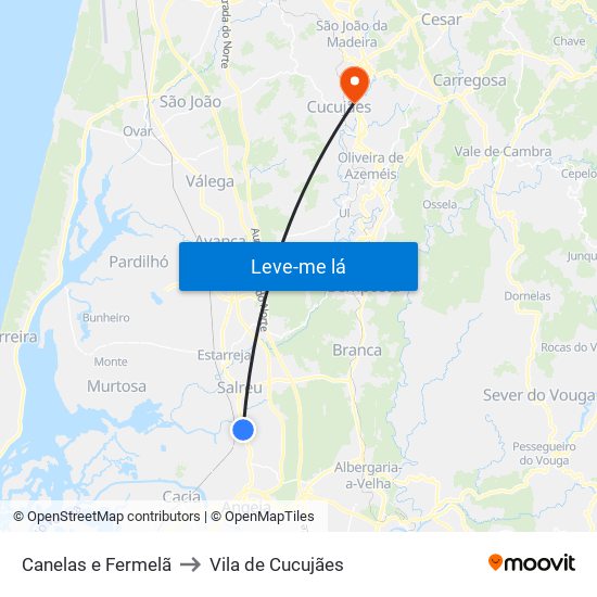 Canelas e Fermelã to Vila de Cucujães map