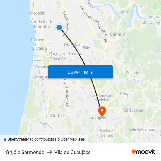 Grijó e Sermonde to Vila de Cucujães map