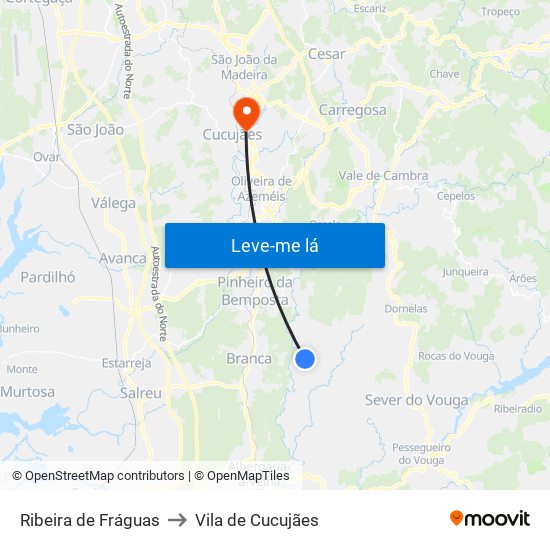 Ribeira de Fráguas to Vila de Cucujães map