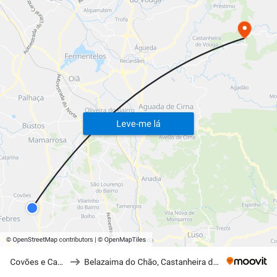 Covões e Camarneira to Belazaima do Chão, Castanheira do Vouga e Agadão map