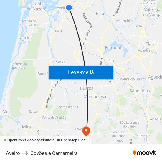 Aveiro to Covões e Camarneira map