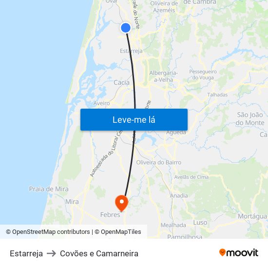 Estarreja to Covões e Camarneira map