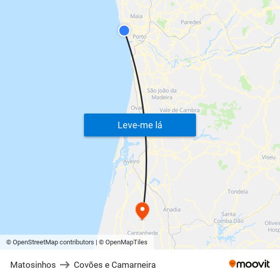 Matosinhos to Covões e Camarneira map