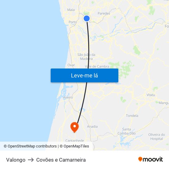 Valongo to Covões e Camarneira map