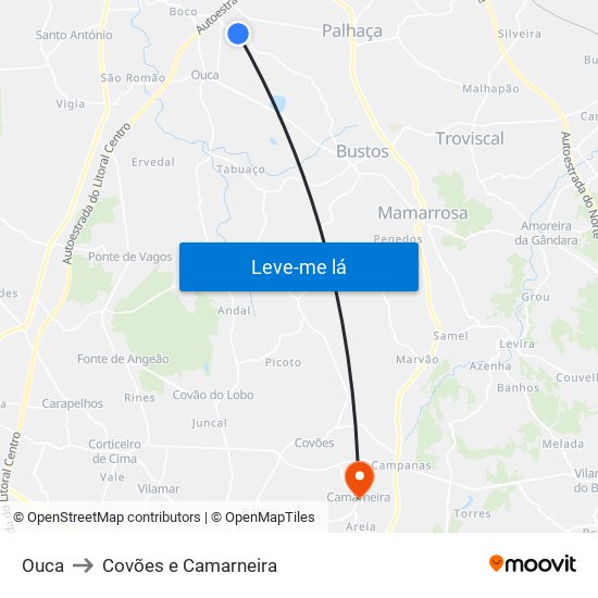 Ouca to Covões e Camarneira map