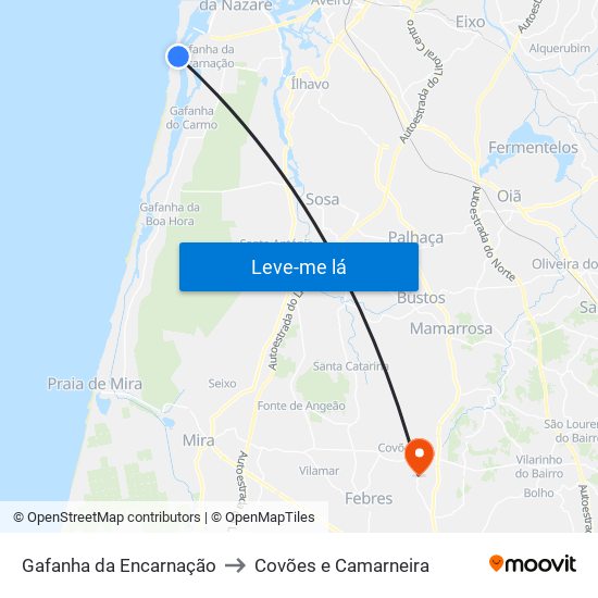 Gafanha da Encarnação to Covões e Camarneira map