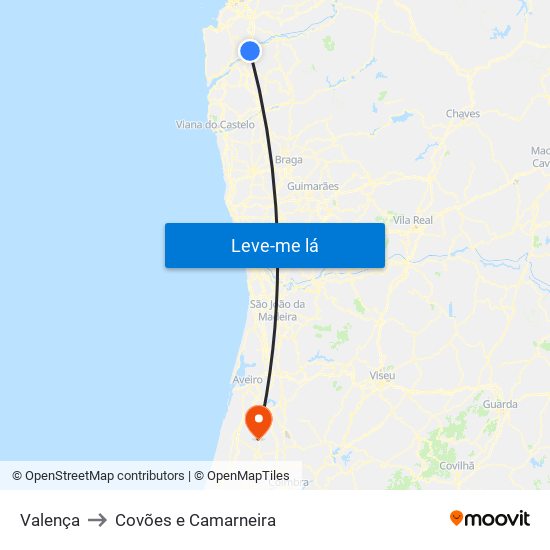 Valença to Covões e Camarneira map